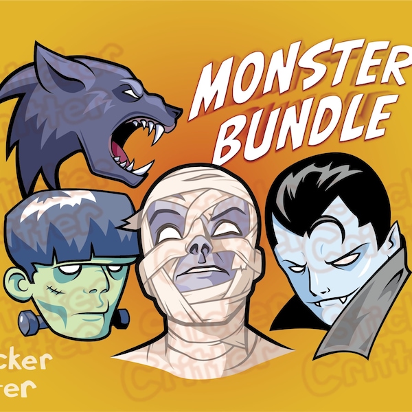 Halloween Monster Clipart Bundle SVG Instant Digital Download Dracula Mummy Frankenstein Werewolf Vampire Wolfman Frankenstein's Monster