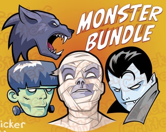 Halloween Monster Clipart Bundle SVG Téléchargement numérique instantané Dracula Momie Frankenstein Loup-garou Vampire Wolfman Frankenstein’s Monster