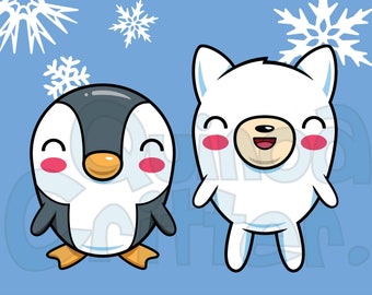 Arctic Animals Clipart Penguin Winter Snowflakes Graphic Digital Download Arctic Fox Kawaii Polar Bear Cub Christmas Card North Pole Snow