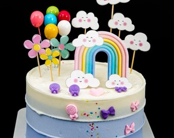 Balloon cake topper, clouds, flowers, rainbow topper set,