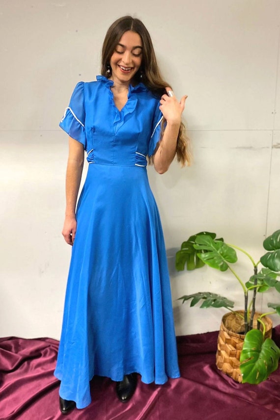 Vintage 70s Blue Lurex Maxi Dress