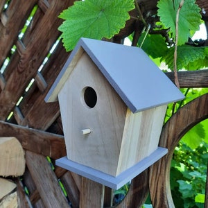 Pode incluir: Uma casa de pássaros de madeira com telhado e base cinzentos, com um orifício de entrada redondo e um pequeno poleiro. A casa de pássaros é montada num poste de madeira contra uma cerca de madeira rústica, com folhagem verde no fundo.