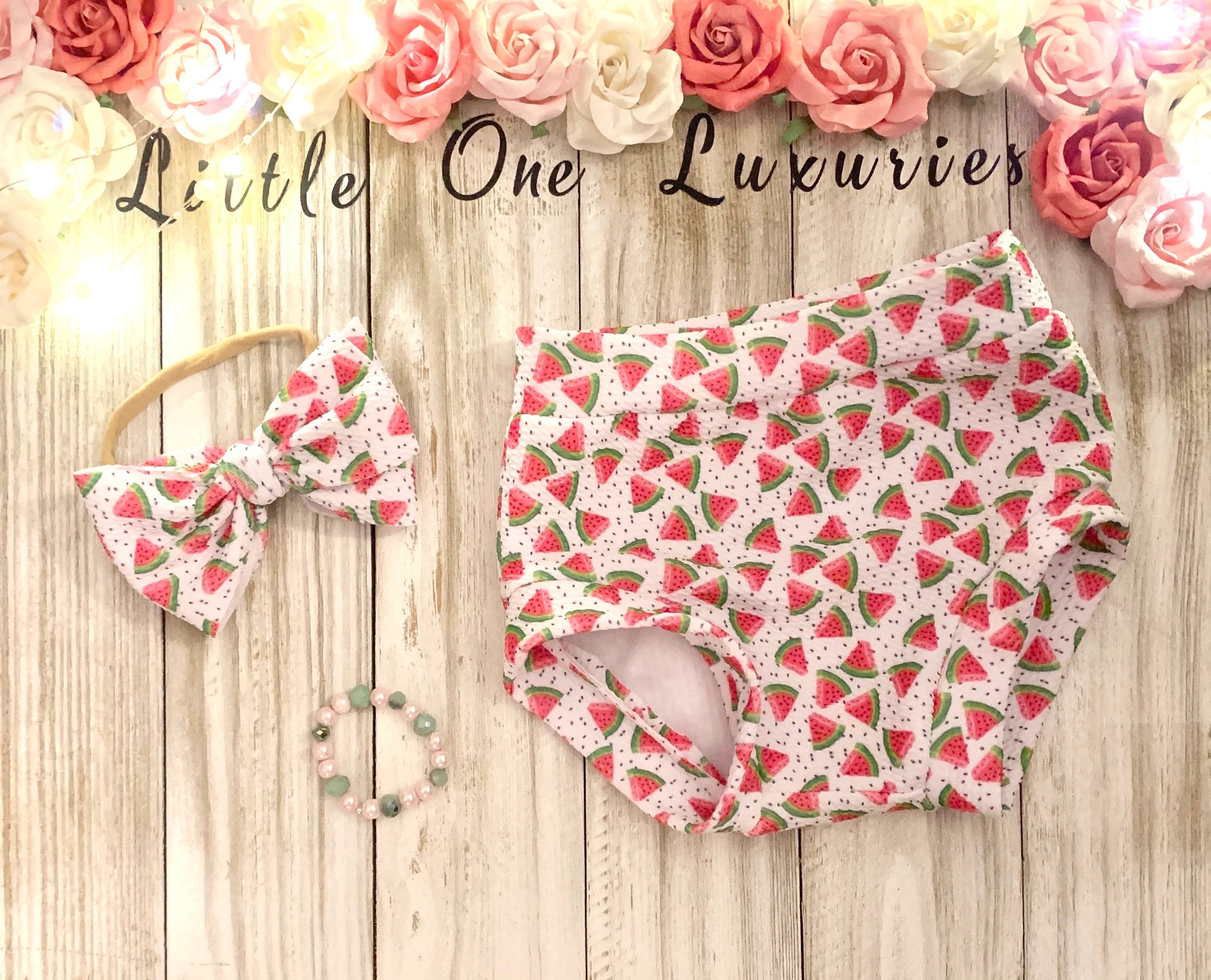 Watermelon Bummie with Matching Bow and Stretch Bracelet