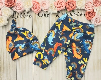 Dinosaur Rainbow Baby Pant & Knotted Hat