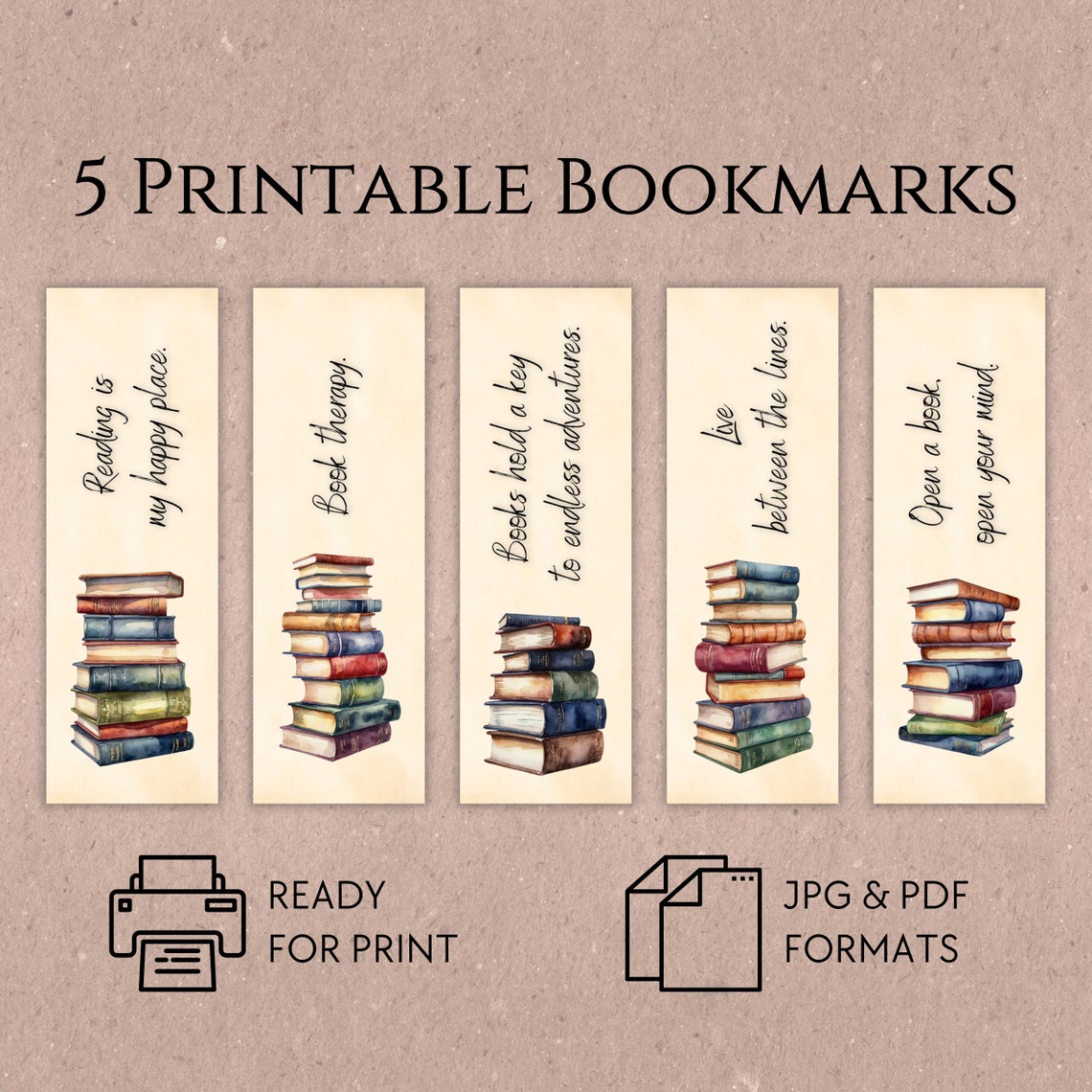Stacked Books Printable Bookmarks, Set of 5 Bookmarks for Booklovers ...