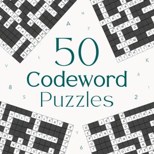 Può includere: Uno sfondo bianco con il testo "50 Codeword Puzzles" in verde acqua. Il numero 50 è grande e centrato. Quattro cruciverba in bianco e nero sono agli angoli.