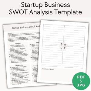 Peut inclure: Un modèle d'analyse SWOT pour les jeunes entreprises. Le document comprend des sections sur les forces, les faiblesses, les opportunités et les menaces. L'image comprend également un cercle vert avec le texte "PDF & JPG".