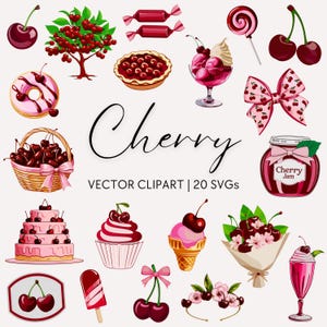 Cherry Vector Clipart Pack, Clip Art-afbeeldingen met kersenthema, vector grafische illustraties met heerlijk eten, desserts en snoep