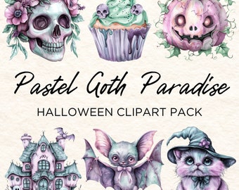 Pastel Goth Paradise Halloween Clipart Pack | 10 Transparent Png Files | Cute Clip Art Collection | Soft Pink, Mint Green and Lavender Tones