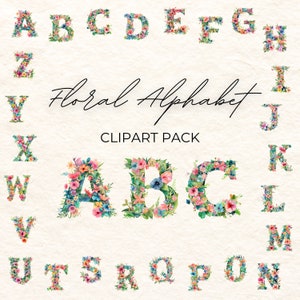 Floral English Alphabet, Watercolor Style Flower Alphabet, Botanical ABC, Floral Clip Art, Decorative Letters, Transparent Background