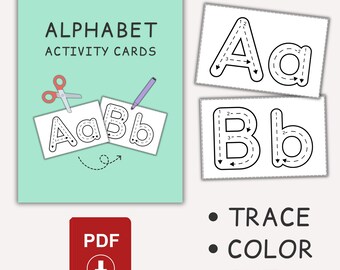 May include: Alphabet activity cards with traceable letters A and B, scissors, and a purple pen. The cards are designed for tracing, coloring, and cutting. A red PDF icon with a downward arrow is also shown.