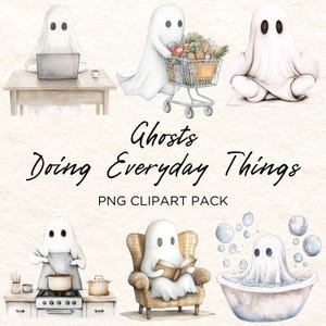 Könnte beinhalten: Aquarell-Cliparts mit Geistern bei alltäglichen Aktivitäten. Die Geister sind mit Laptop, Einkauf, Meditation, Kochen, Lesen und Baden beschäftigt. Der Text "Ghosts Doing Everyday Things PNG Clipart Pack" ist ebenfalls enthalten.