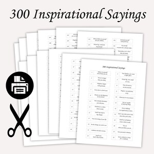 Puede incluir: Una pila de hojas imprimibles con el título "300 Frases Inspiradoras" impreso en la parte superior. Las hojas están en blanco y listas para imprimirse. La imagen también incluye un icono de impresora y un par de tijeras.