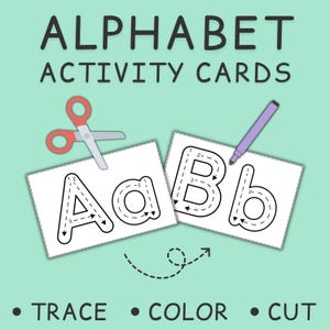Puede incluir: Tarjetas de actividades del alfabeto con las letras Aa y Bb, diseñadas para trazar, colorear y cortar. La imagen incluye unas tijeras rojas y un rotulador morado, con las palabras "TRACE", "COLOR" y "CUT" en la parte inferior.