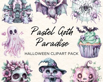 Pastel Goth Paradise Halloween Clipart Pack | Cute Clip Art Collection | 10 Transparent Png Files | Soft Pink, Mint Green and Lavender Tones