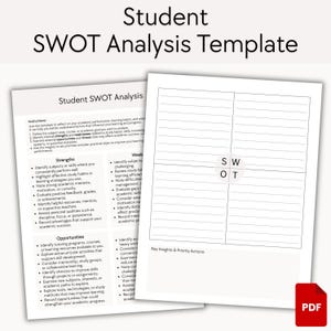 May include: A student SWOT analysis template, featuring a worksheet with sections for strengths, weaknesses, opportunities, and threats. The template includes instructions and prompts to aid in self-assessment and academic planning. A PDF icon is in the bottom right corner.