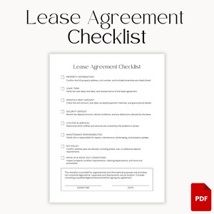 Peut inclure: Document blanc intitulé "Liste de contrôle du contrat de location" avec une liste d'éléments à confirmer, y compris les informations sur la propriété, les conditions de location et la politique relative aux animaux de compagnie. Le document a une icône PDF.