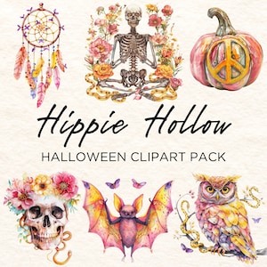 Hippie hohl Halloween Clipart Pack, wunderliche Aquarell-Stil Clip Art, transparente Png-Dateien, bunte Halloween-Illustrationen