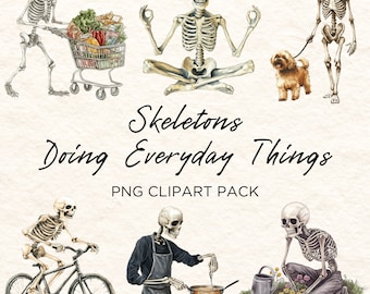 Skeletons Doing Everyday Things Clipart Pack, Funny Skeletons Clip Art, Human Skeleton Images, Transparent png Files, Gothic Illustrations