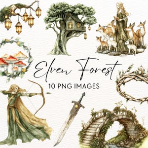 Può includere: Un set di 10 illustrazioni ad acquerello con scene di bosco fantasiose. Le illustrazioni includono una casa sull'albero, un ponte, una spada, una ghirlanda, funghi, una fata, una volpe e un cervo. Le illustrazioni sono perfette per aggiungere un tocco di magia ai tuoi progetti.