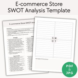 Puede incluir: Una plantilla de análisis SWOT para una tienda de comercio electrónico. El documento incluye instrucciones, secciones para fortalezas, debilidades, oportunidades y amenazas. Un círculo verde con el texto "PDF & JPG" está en la esquina inferior derecha.