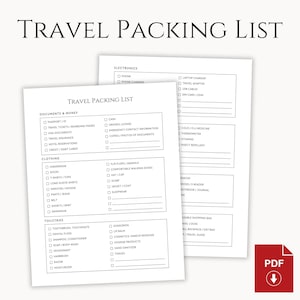 Puede incluir: Dos listas de empaque de viaje blancas con texto negro. Las listas incluyen categorías para documentos, ropa, artículos de tocador y electrónica. El título "TRAVEL PACKING LIST" está en la parte superior. Un icono PDF rojo está en la esquina inferior derecha.