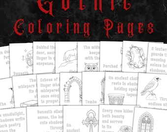 May include: A selection of Gothic-themed colouring pages. Each page features intricate black and white illustrations with gothic elements, including ankhs, roses, and architectural designs. The title "Gothic Coloring Pages" is displayed in red.