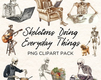 Skeletons Doing Everyday Things Clipart Pack, Funny Human Skeleton Clip Art, Instantly Downloadable Illustrations, Transparent Png Files