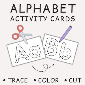 May include: Alphabet activity cards with the letters A and B, featuring dotted lines for tracing. A pair of red scissors and a purple marker are included. The cards also have instructions to trace, color, and cut.