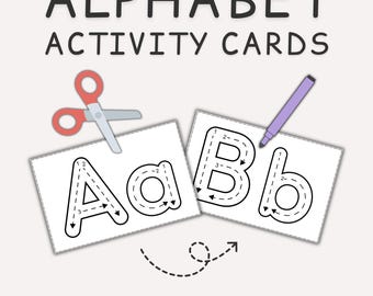 May include: Alphabet activity cards with the letters A and B, featuring dotted lines for tracing. A pair of red scissors and a purple marker are included. The cards also have instructions to trace, color, and cut.