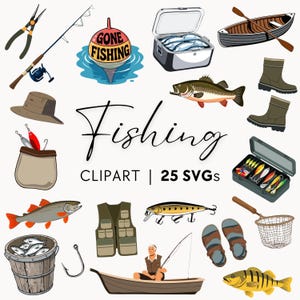 Puede incluir: Una colección de ilustraciones de clip art con temática de pesca. Incluye cañas de pescar, cajas de aparejos, peces, un barco, botas, un chaleco y el texto "Fishing" y "25 SVGs". La paleta de colores incluye tonos de marrón, verde y azul.