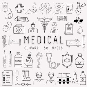 Puede incluir: Una colección de 38 imágenes prediseñadas médicas dibujadas a mano en blanco y negro. Incluye ilustraciones de equipos médicos, símbolos y personal, con la palabra "MEDICAL" y "CLIPART | 38 IMAGES" en el centro.