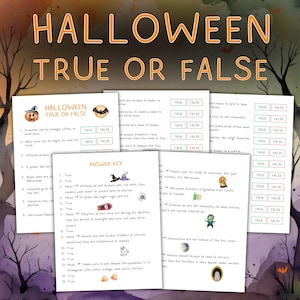 May include: Halloween-themed True or False game sheets. The sheets feature questions about Halloween with true or false answer options. The design includes a pumpkin, bat, and other Halloween-related graphics. The text "Halloween True or False" is displayed at the top.