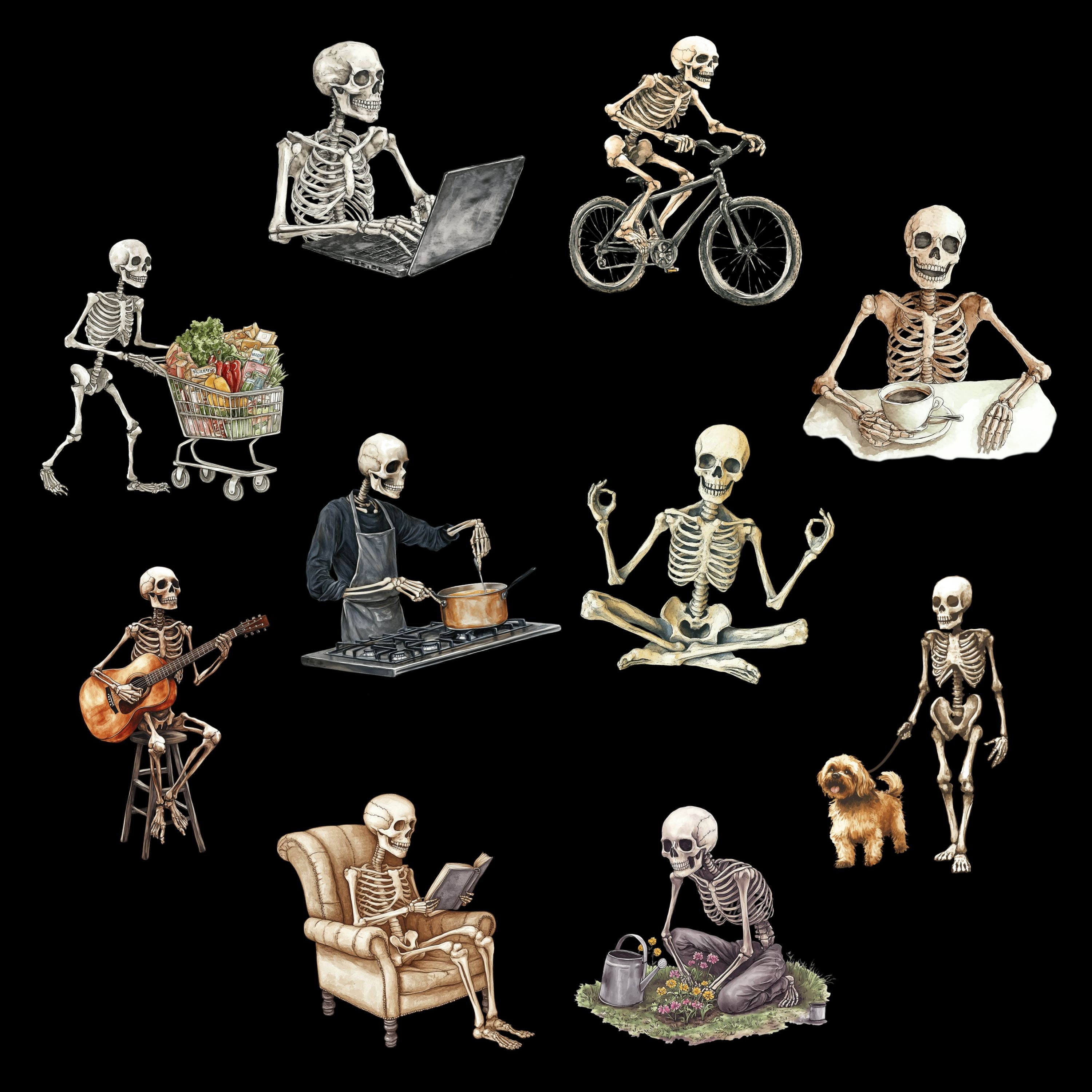 Skeletons Doing Everyday Things Clipart Pack, Funny Human Skeleton Clip ...