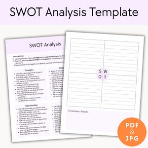 May include: SWOT analysis template with instructions and sections for strengths, weaknesses, opportunities, and threats. Available as PDF and JPG files. The template is designed for business planning and strategic analysis.