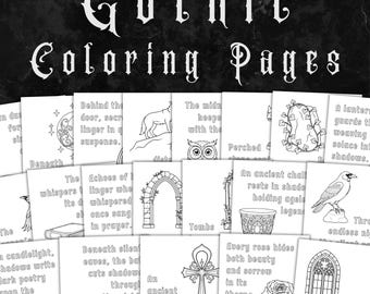 May include: A set of Gothic Coloring Pages featuring illustrations of a wolf, an owl, an arch, and a raven. The words "Gothic Coloring Pages" are displayed in a decorative font. Each page contains a unique design for coloring.
