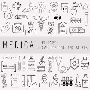 Puede incluir: Colección de ilustraciones de clipart de temática médica dibujadas a mano en blanco y negro. La imagen incluye símbolos médicos, equipos y personal, con la palabra "MEDICAL" e información de tipos de archivo.