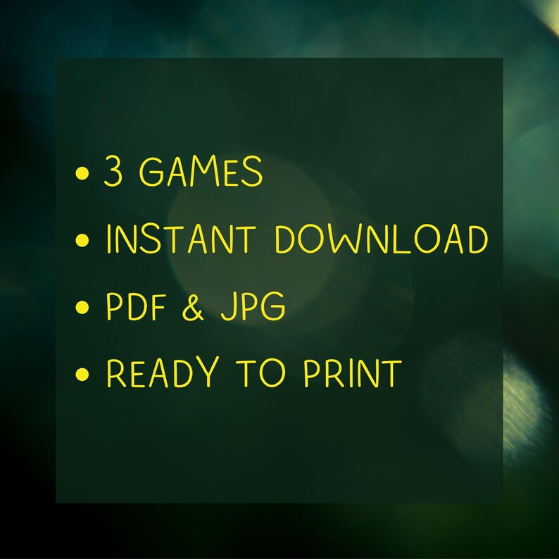 Op de afbeelding: Een groene achtergrond met gele tekst die luidt: 3 Spellen, Direct downloaden, PDF & JPG, Klaar om te printen.