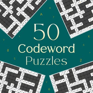 Può includere: Uno sfondo verde acqua presenta il testo "50 Codeword Puzzles" in un carattere grande ed elegante. Quattro cruciverba sono disposti attorno al testo. I puzzle sono in bianco e nero, con lettere e numeri visibili.