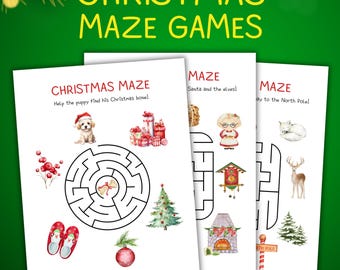 Christmas Maze Games for Kids, Printable Xmas Maze Puzzles for Children, Fun Winter Holiday Activity Pages for Children (PDF & JPG Files)