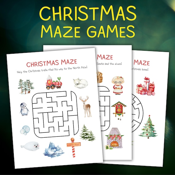 Christmas Maze Games for Kids, Printable Xmas Maze Puzzles for Children, Winter Activity Sheets, Holiday Worksheets for Children, pdf & jpg