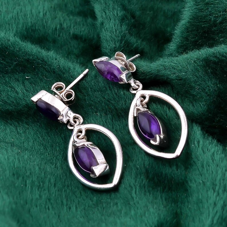 Gorgeous 100/% Natural Amethyst Marquise Shape Ethnic Style Handmade Jewelry 925 Sterling Silver Dangle Earrings 5.7 gms 12X5 mm 1.5 BL-173