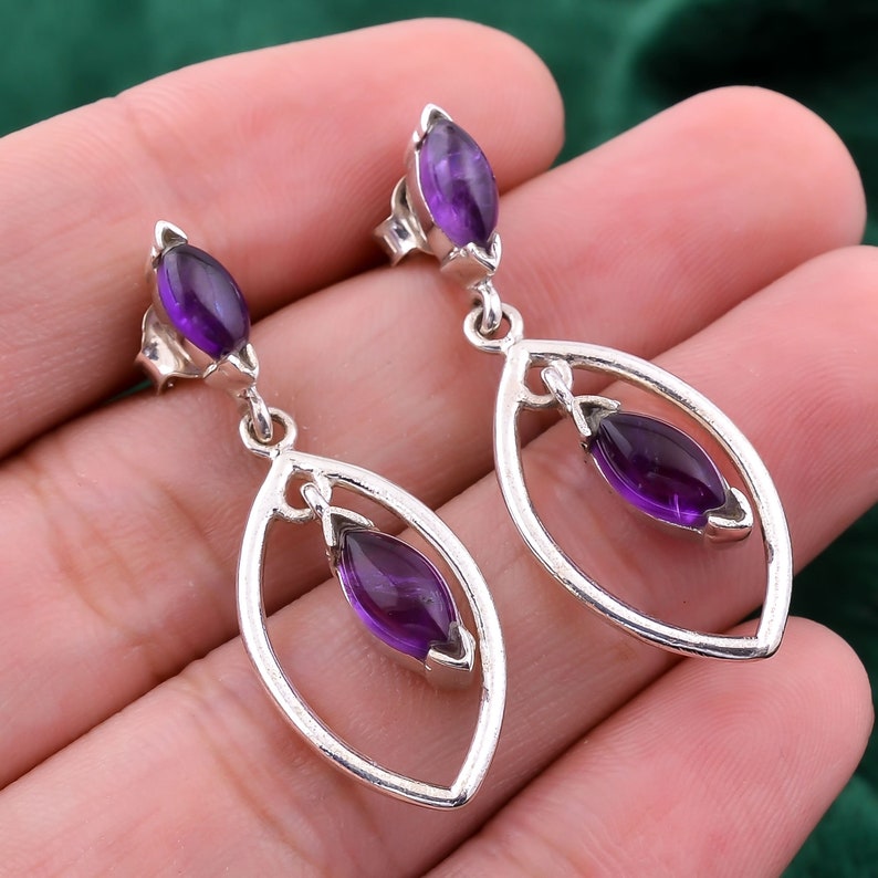 Gorgeous 100/% Natural Amethyst Marquise Shape Ethnic Style Handmade Jewelry 925 Sterling Silver Dangle Earrings 5.7 gms 12X5 mm 1.5 BL-173