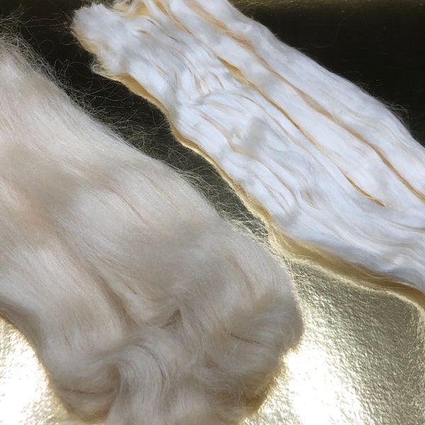 100% Pure Silk Roving | Mulberry Silk | Tussah Fiber| Combed Silk | Silk Sliver | White Tan Silk Spinning Fiber | Hair | Whiskers