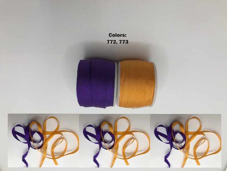May include: Two spools of ribbon, one purple and one orange. The spools are labeled with the colors 772 and 773. Three images show the ribbon tied in a bow.