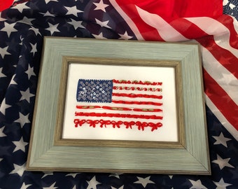 American Flag Silk Ribbon Handmade Embroidery, Unique Design. Completed, Framed.