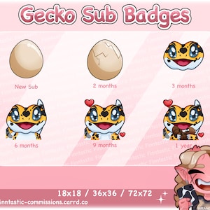 May include: A set of digital badges featuring a cartoon gecko in various stages of growth, from an egg to an adult. The badges are designed for use on social media platforms and are available in three sizes: 18x18, 36x36, and 72x72 pixels. The badges are perfect for celebrating milestones and achievements.