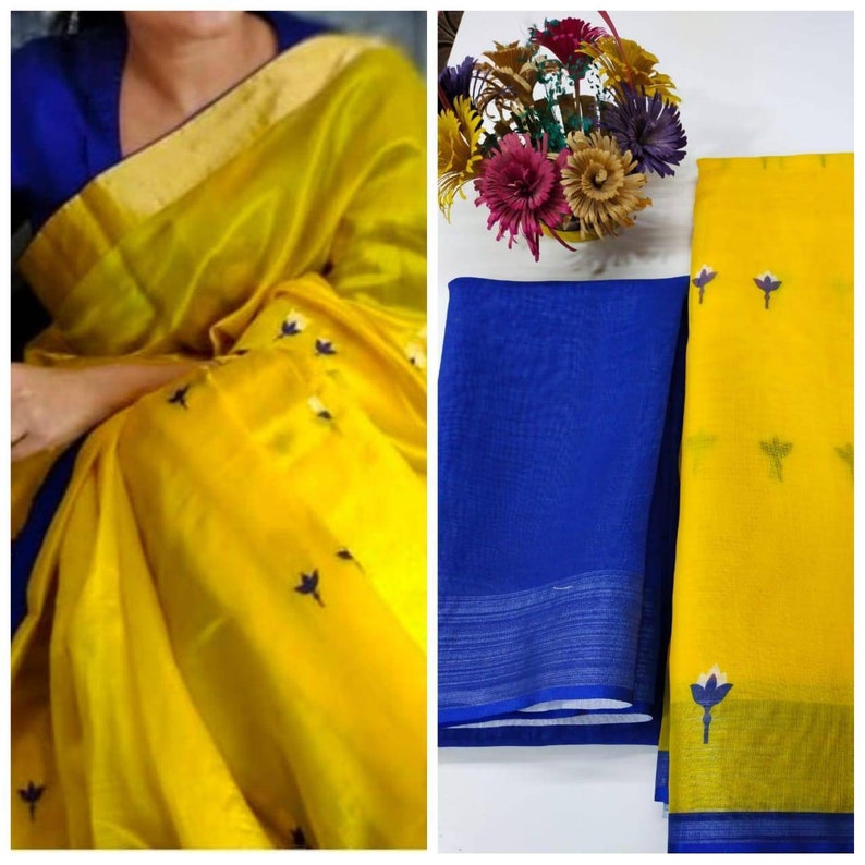 Yellow Original Linen saree and blouse for women,wedding saree,indian saree,saree dress,saree for women,designer saree,dress for women,sari