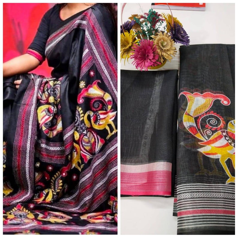 Black Original Linen saree and blouse for women,wedding saree,indian saree,sari,designer saree,sarees,traditional saree,saris,saree dress