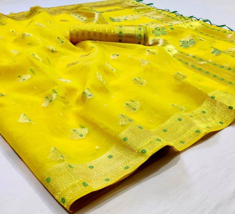 Yellow organza Saree with rose gold zari weaving and blouse for women wedding saree indian saree designer saree,traditional saree,sari